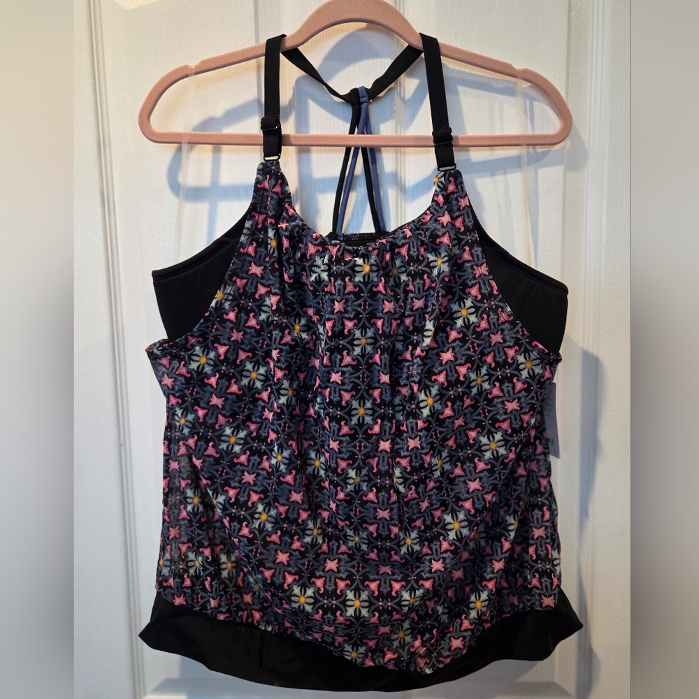 Floral Swim Camisole with Black and Pink Accents
